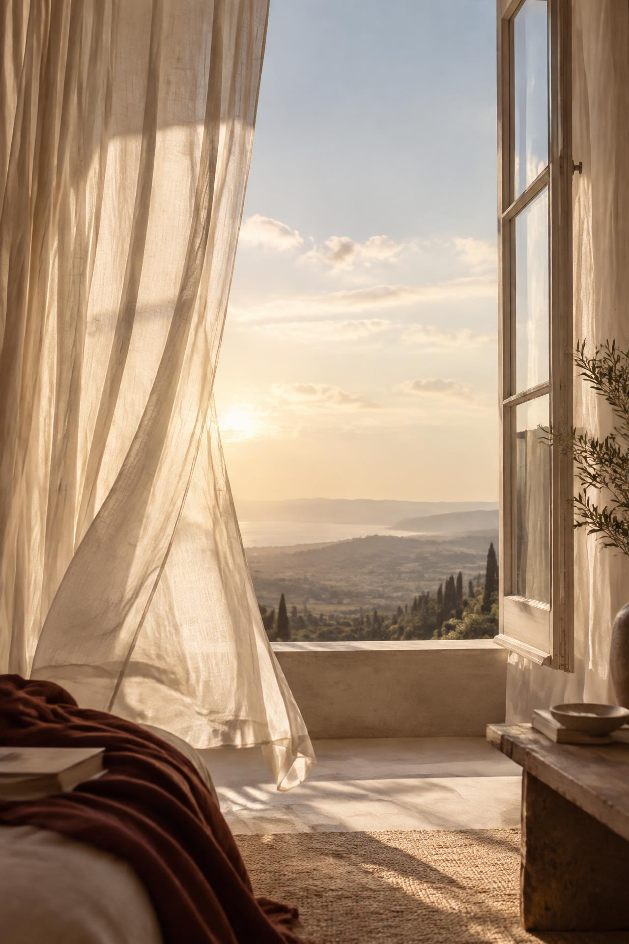 An open window with sheer curtains lifting in the breeze, warm light spilling in — a quiet image of freedom, wonder and dreaming